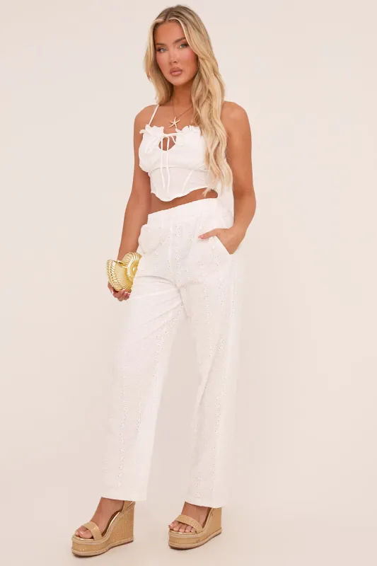 White Broderie Anglaise Straight Leg Trousers - Astrid sold by Rebellious Fashion