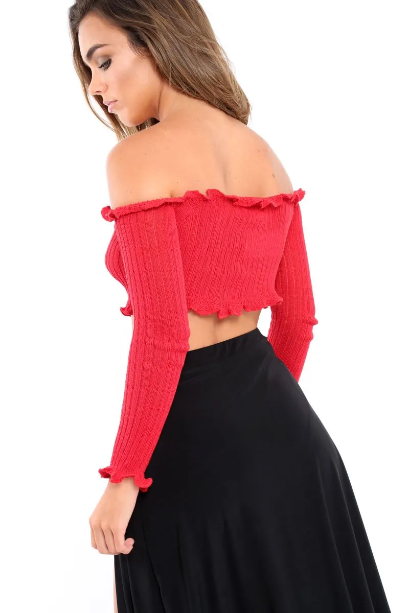 Red Knitted Bardot Frill Crop Top - Kesia sold by Rebellious Fashion product image thumbnail 5