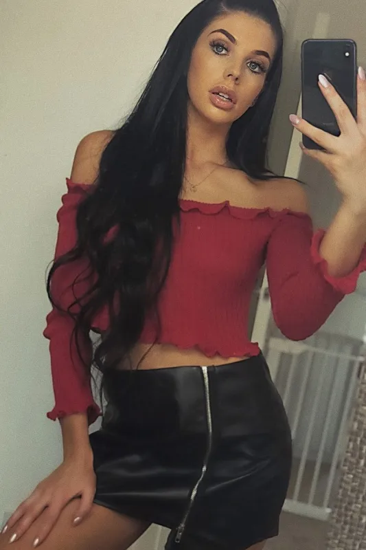 Red Knitted Bardot Frill Crop Top - Kesia sold by Rebellious Fashion