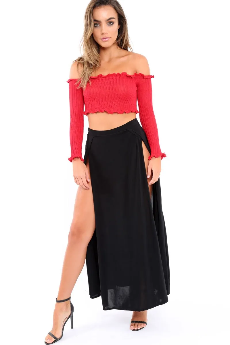 Red Knitted Bardot Frill Crop Top - Kesia sold by Rebellious Fashion product image thumbnail 3