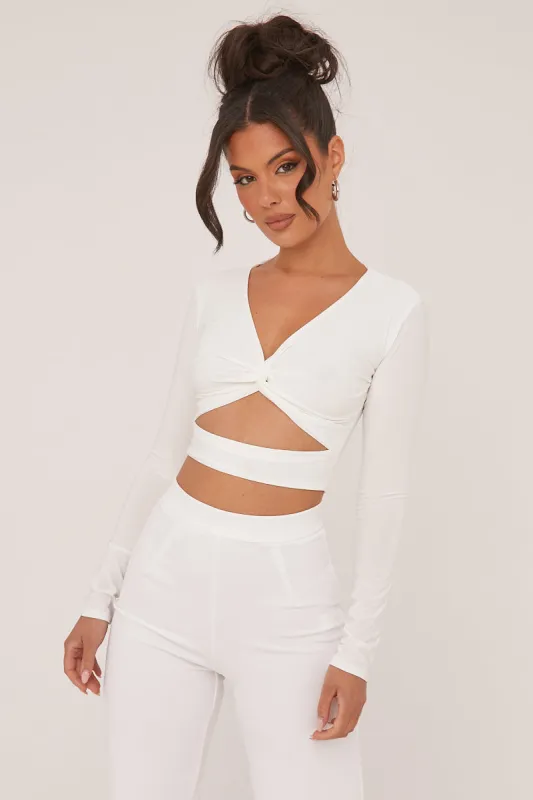 White Twist Detail Cut Out Front Cropped Top - Ava sold by Rebellious Fashion
