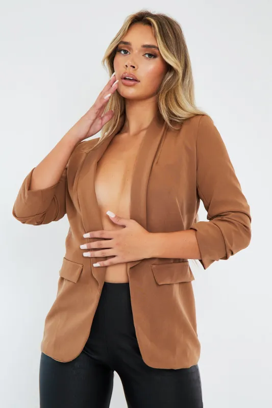 Camel Ruched Sleeves Blazer - Hurain sold by Rebellious Fashion