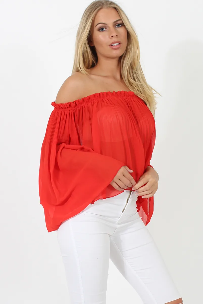 Red Pleated Three Quarter Bell Sleeve Crop - Stacey sold by Rebellious Fashion product image thumbnail 2