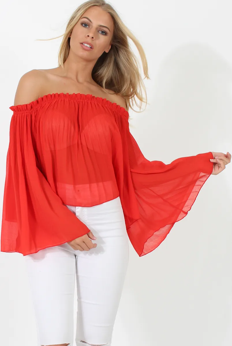 Red Pleated Three Quarter Bell Sleeve Crop - Stacey sold by Rebellious Fashion