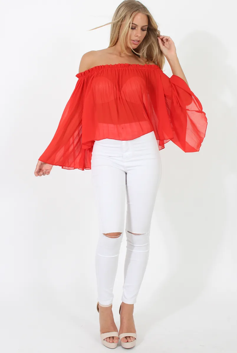 Red Pleated Three Quarter Bell Sleeve Crop - Stacey sold by Rebellious Fashion product image thumbnail 3