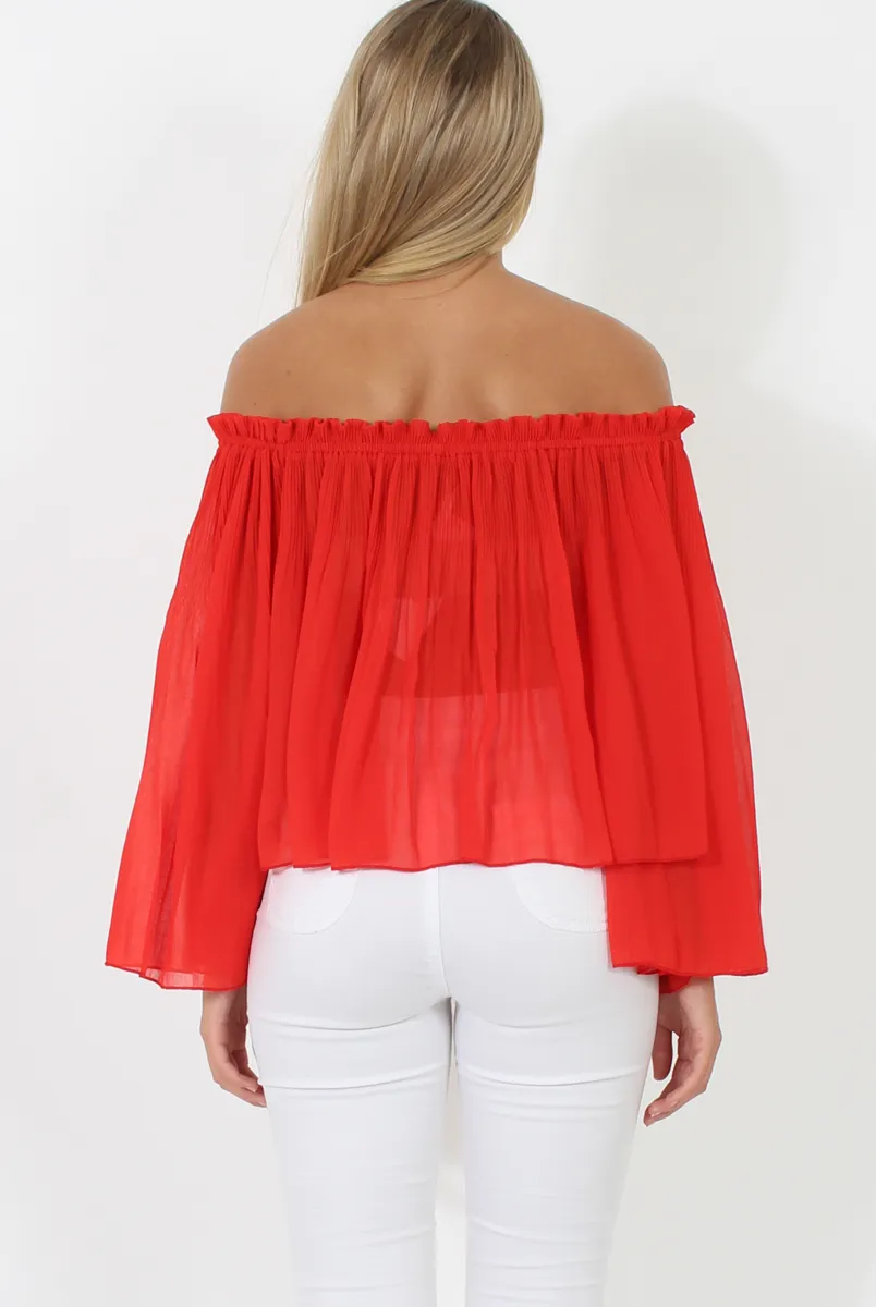 Red Pleated Three Quarter Bell Sleeve Crop - Stacey sold by Rebellious Fashion product image thumbnail 5