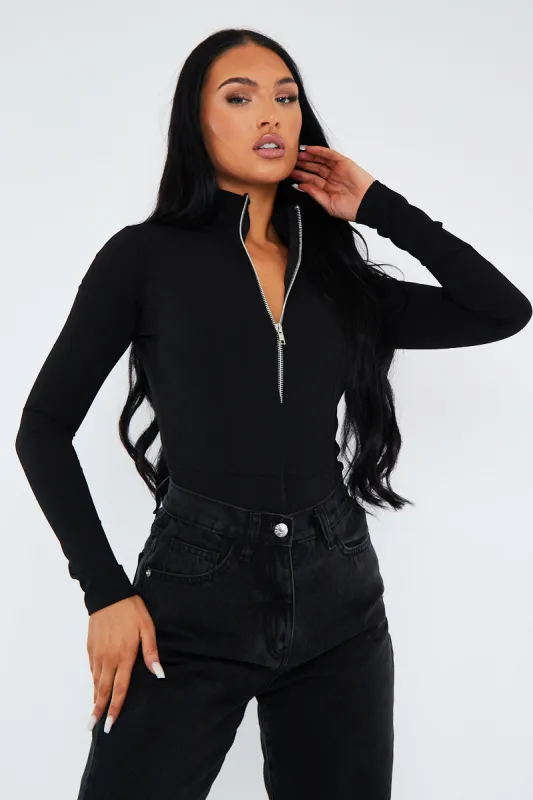 Black Zip Up Front Bodysuit - Graylyn sold by Rebellious Fashion