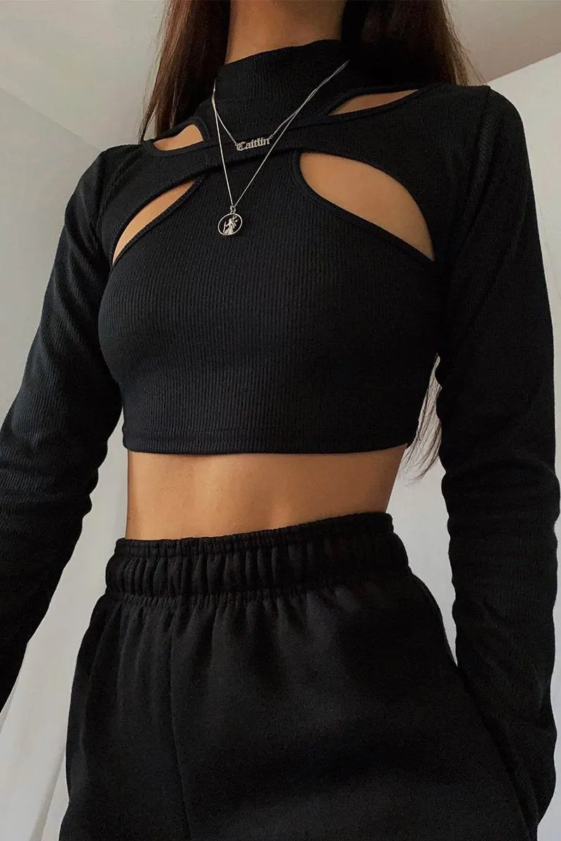Black Ribbed Double Cut Out Crop Top - Graci sold by Rebellious Fashion product image thumbnail 2