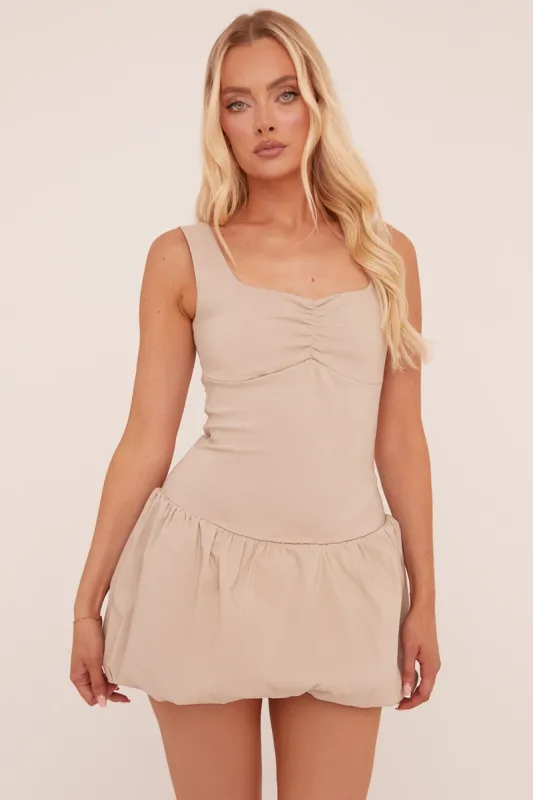 Beige Ruched Neck Puffball Mini Dress - Georgie sold by Rebellious Fashion