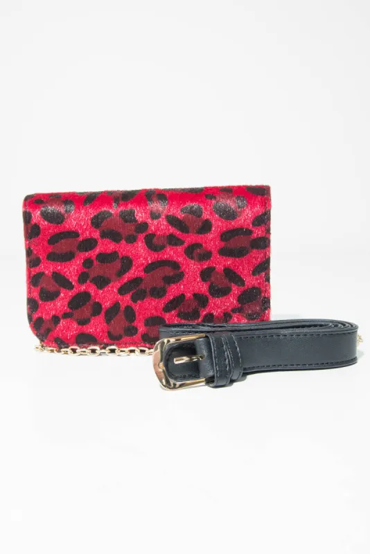 Red Leopard Faux Pony Hair Belt Bag - Melva sold by Rebellious Fashion