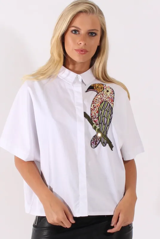 White Oversized Sequin Badge Batwing Shirt - Skye sold by Rebellious Fashion