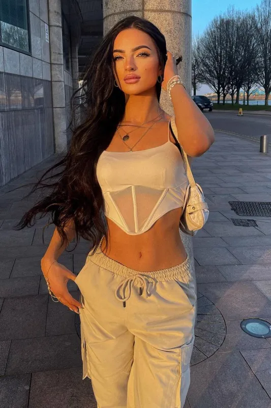 Stone Mesh Panel Corset Crop Top - Fern sold by Rebellious Fashion
