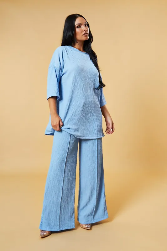 Blue Textured Knit Trousers & Oversized Top Co-ord Set - Cecelia made by Rebellious Fashion