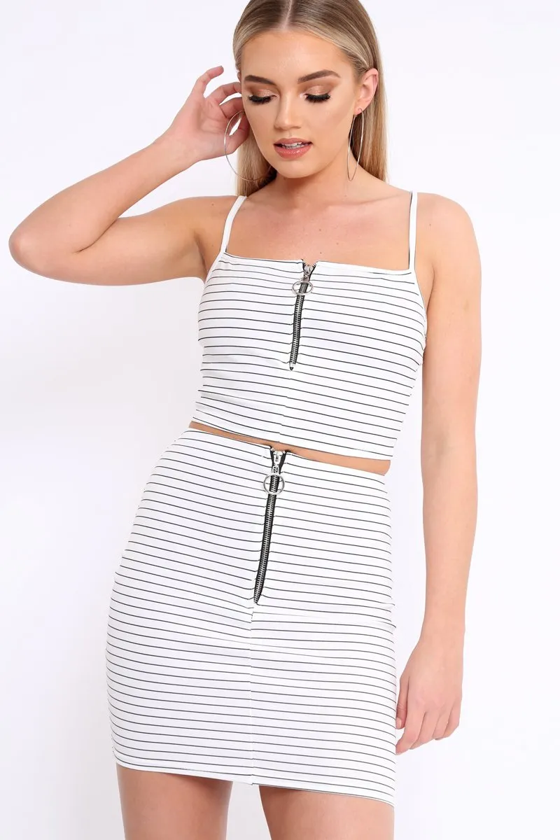 White Stripe Ring Zip Front Mini Skirt And Bralet - Rosi sold by Rebellious Fashion product image thumbnail 2