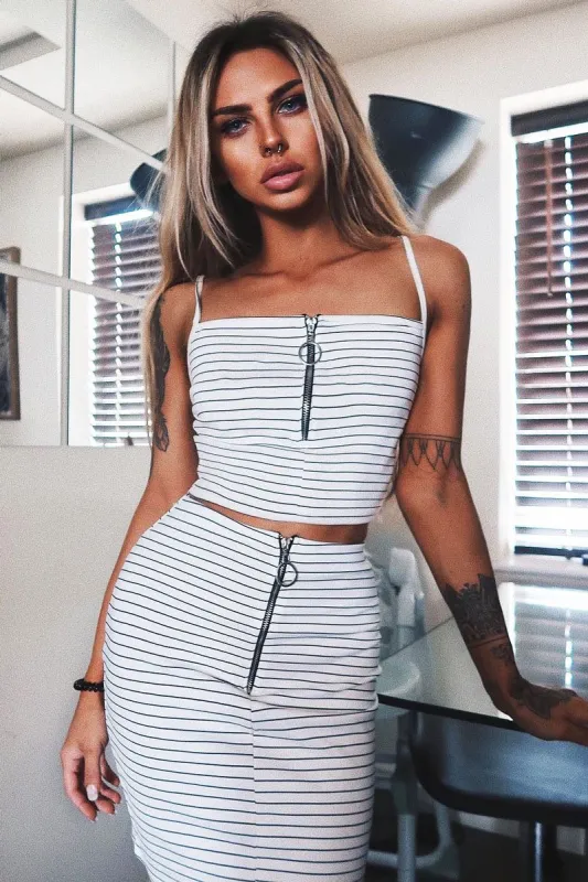 White Stripe Ring Zip Front Mini Skirt And Bralet - Rosi sold by Rebellious Fashion
