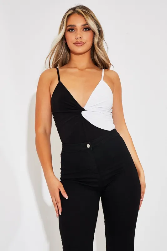 Black White Splice Twist Front Bodysuit - Alayja sold by Rebellious Fashion