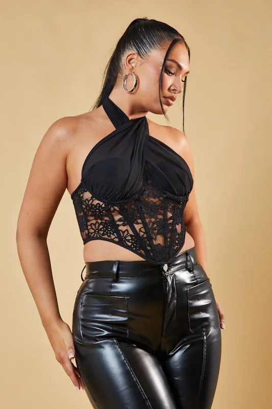 Black Lace Corset Detail Cropped Top - Faith sold by Rebellious Fashion