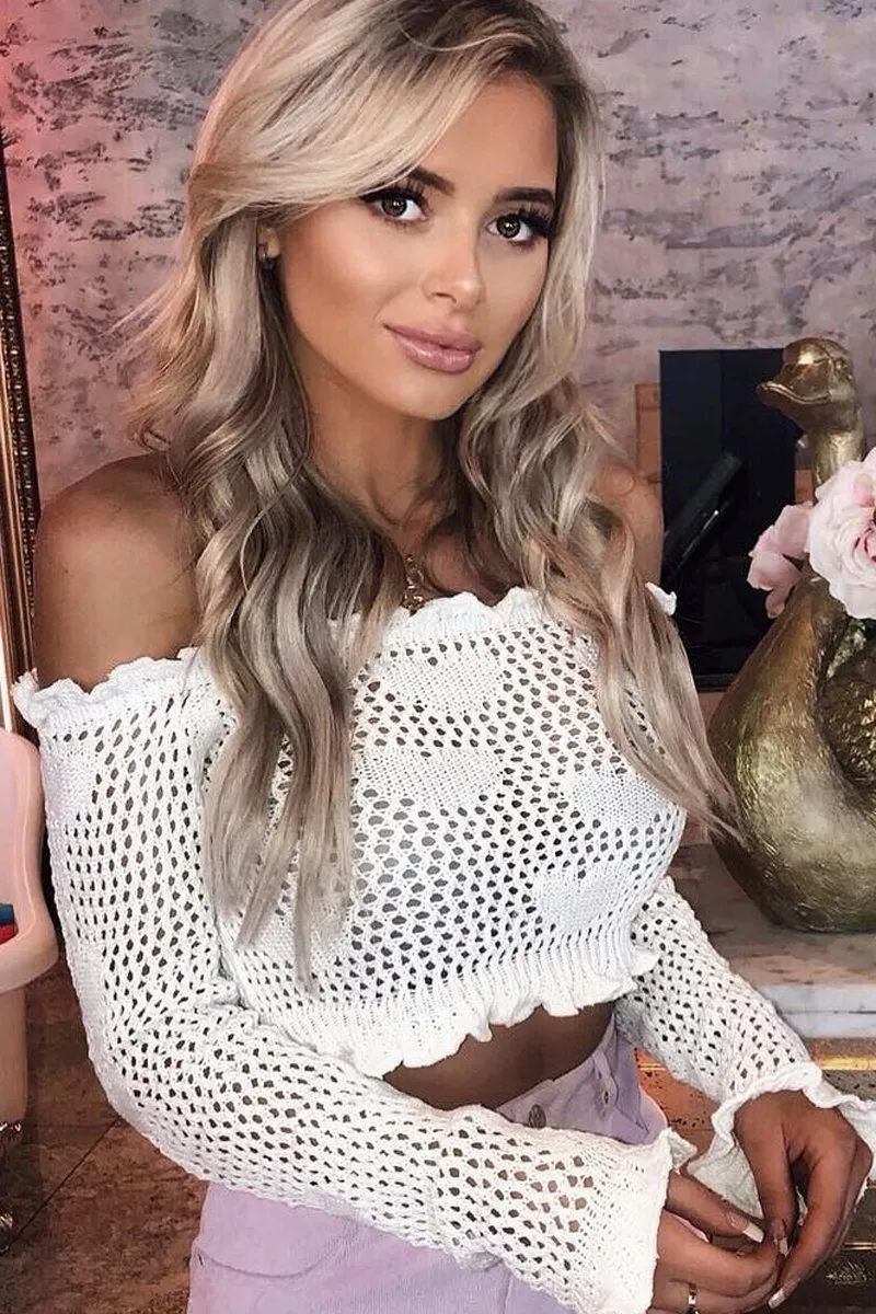 White Bardot Ruffle Hem Crochet Top - Byrdie sold by Rebellious Fashion product image thumbnail 3