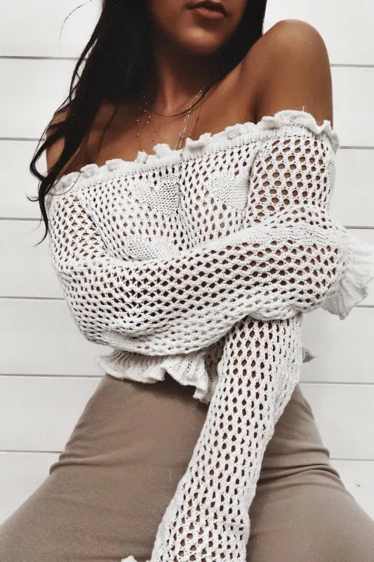 White Bardot Ruffle Hem Crochet Top - Byrdie sold by Rebellious Fashion