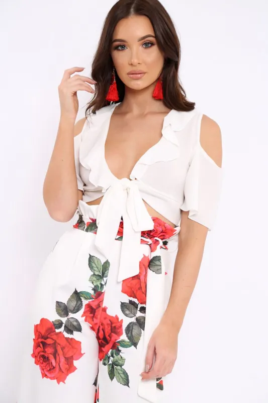 White Tie Front Cold Shoulder Crepe Crop Top - Dalia sold by Rebellious Fashion