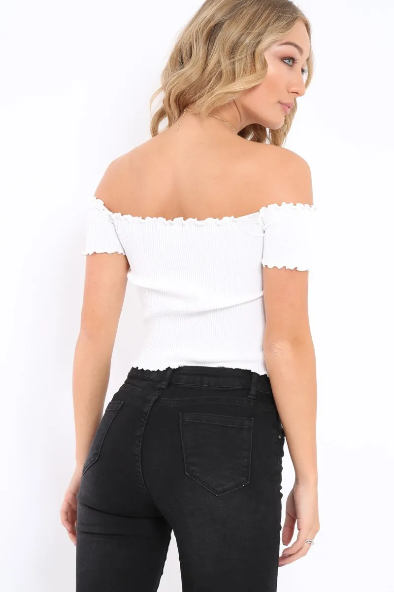 White Ribbed Frill Hem Bardot Crop Top - Adelle sold by Rebellious Fashion product image thumbnail 4