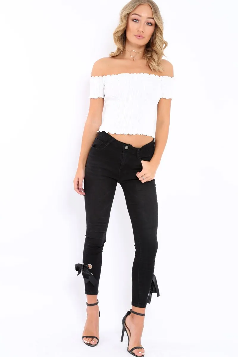 White Ribbed Frill Hem Bardot Crop Top - Adelle sold by Rebellious Fashion product image thumbnail 2