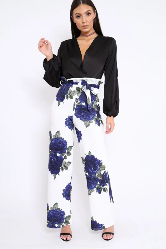 White and Blue Floral Paper Bag Tie Waist Wide Leg Trousers - Kennedy sold by Rebellious Fashion