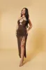 Brown Cut Out Ruched Halter Back Maxi Dress - Arina sold by Rebellious Fashion