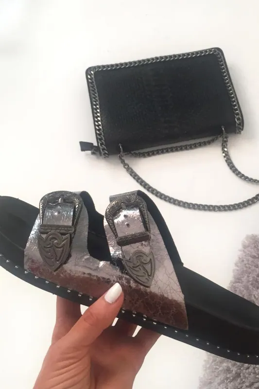 Silver Double Western Buckle Sandals - Jenifer sold by Rebellious Fashion