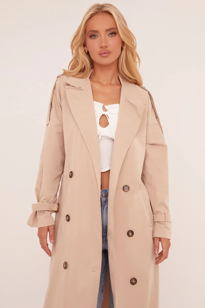 Beige Longline Belt Detail Button Front Trench Coat - Melony sold by Rebellious Fashion product image thumbnail 3