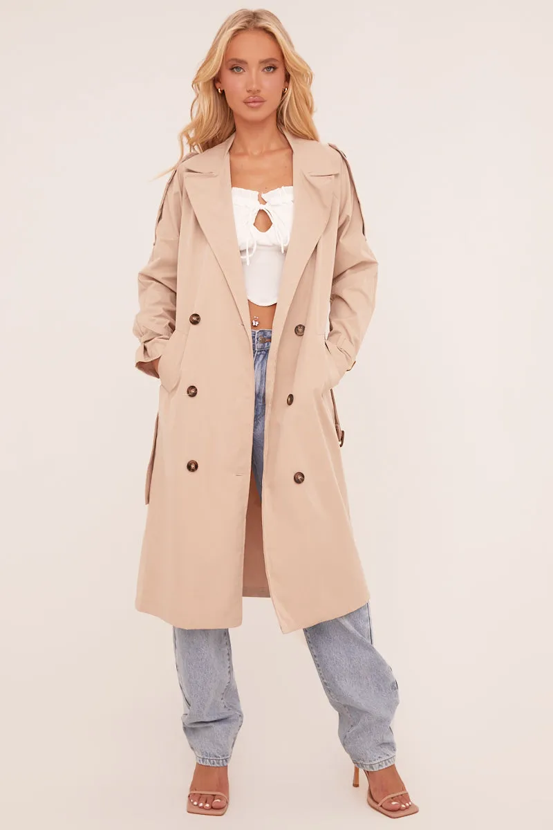 Beige Longline Belt Detail Button Front Trench Coat - Melony sold by Rebellious Fashion product image thumbnail 2