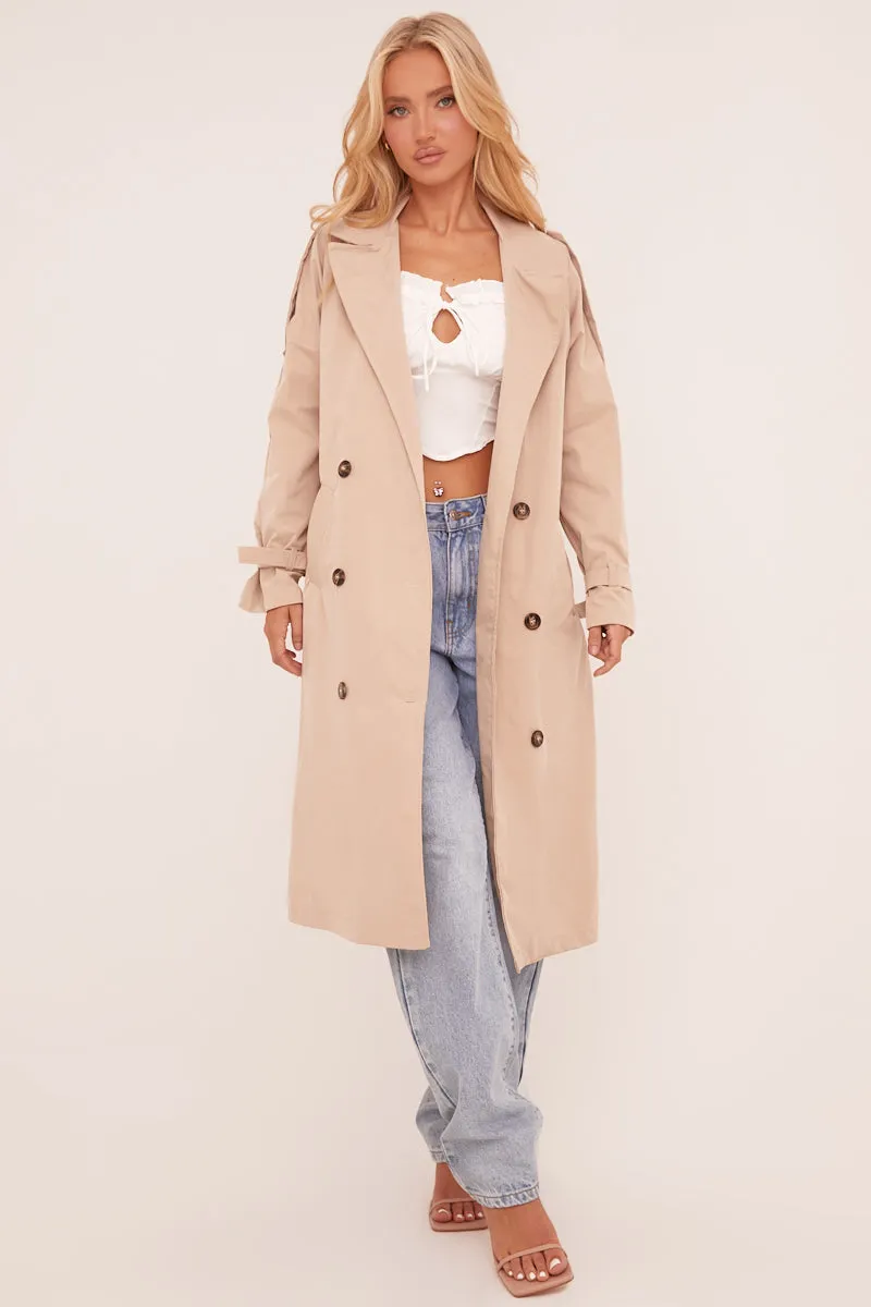 Beige Longline Belt Detail Button Front Trench Coat - Melony sold by Rebellious Fashion