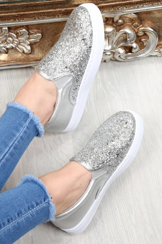 Silver Glitter Slip On Trainers - Maddie sold by Rebellious Fashion