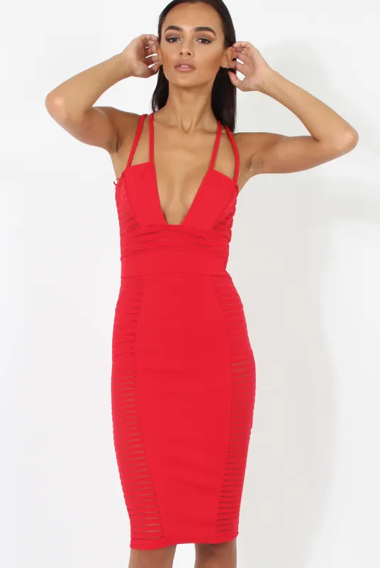 Red Strappy Ribbed Mesh Insert Midi Dress - Isabelle sold by Rebellious Fashion