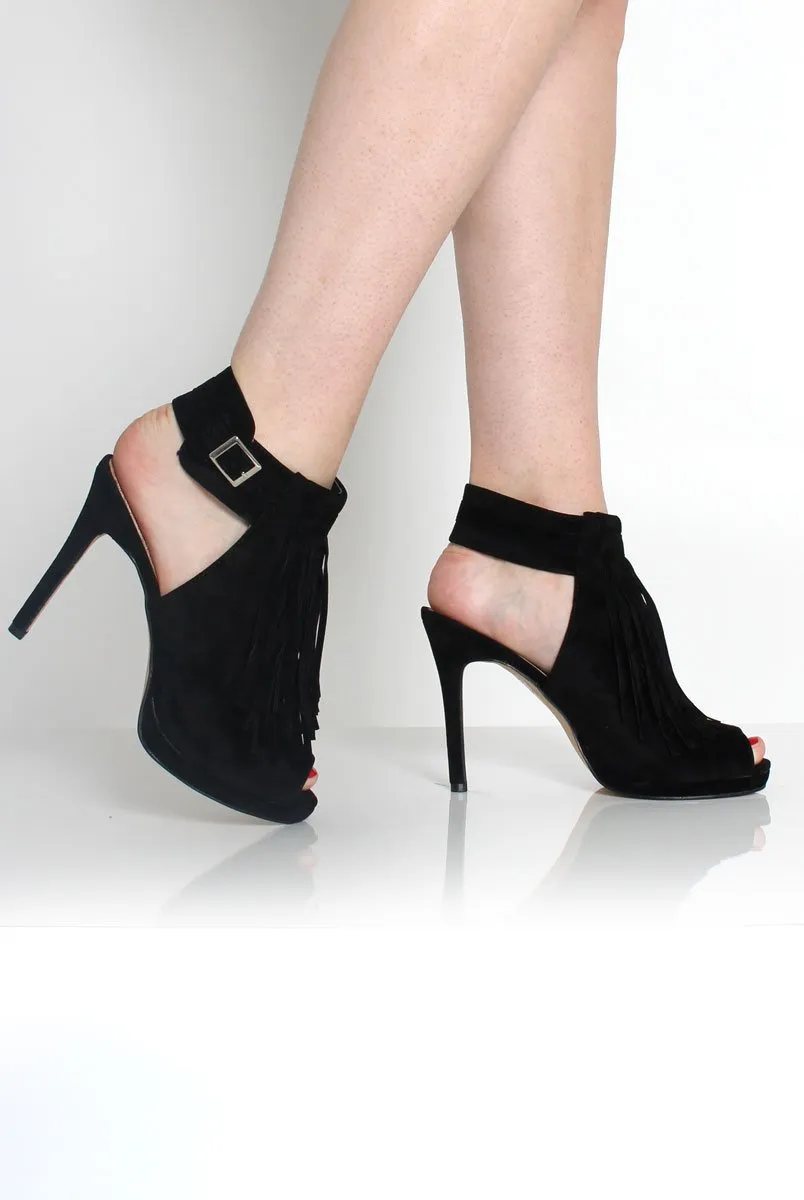 Fern Black Suede Tassel Peep Toe Heels sold by Rebellious Fashion