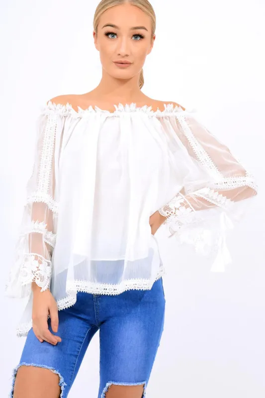 White Mesh Bardot Top - Keelie sold by Rebellious Fashion