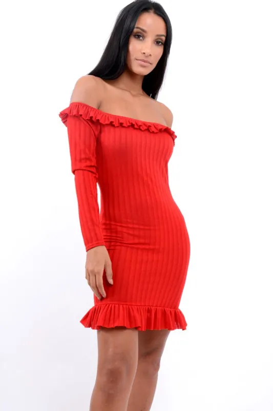 Red Ruffle Hem Ribbed Bardot Mini Dress - Destiny sold by Rebellious Fashion