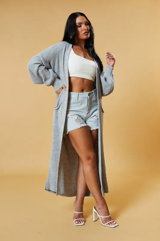 Light Grey Longline Knit  Maxi Cardigan - Ema sold by Rebellious Fashion