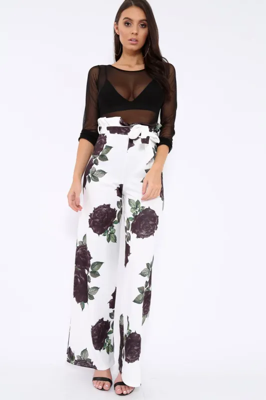 White and Black Floral Paper Bag Tie Waist Wide Leg Trousers - Kennedy sold by Rebellious Fashion