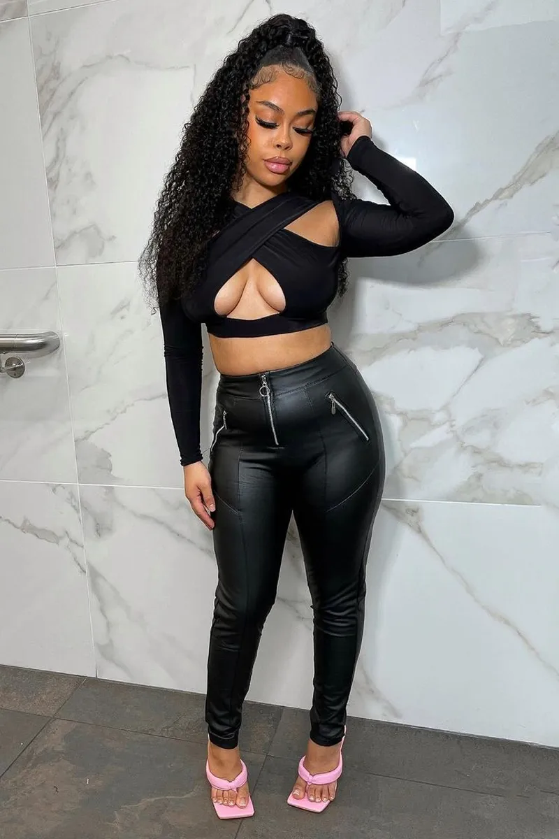 Black Slinky Cross Front Long Sleeve Crop Top - Tahlia sold by Rebellious Fashion product image thumbnail 4