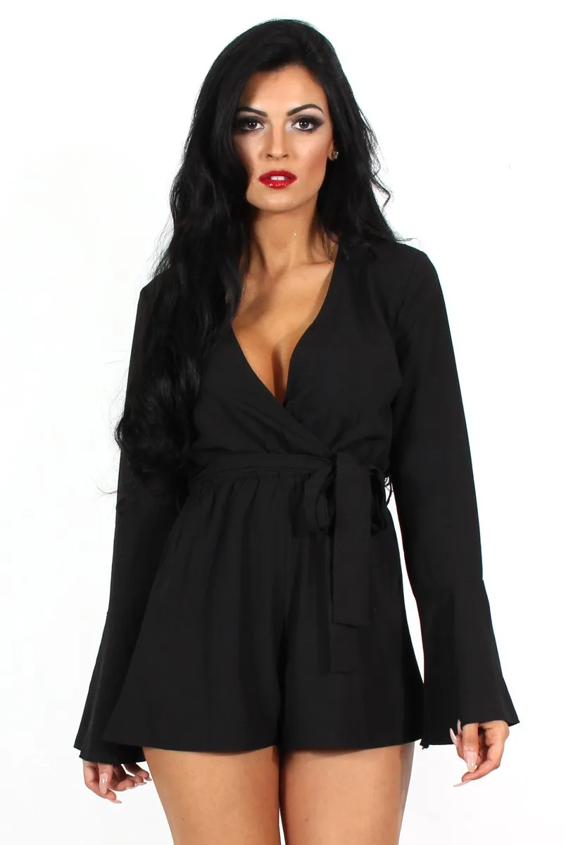 Julia Black Bell Sleeve Tie Waist Playsuit sold by Rebellious Fashion