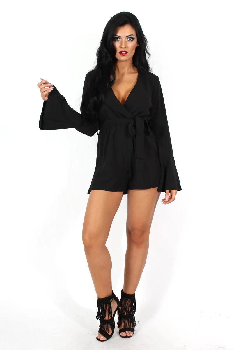 Julia Black Bell Sleeve Tie Waist Playsuit sold by Rebellious Fashion product image thumbnail 2