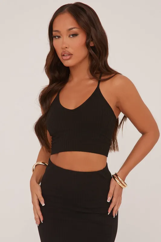 Black Rib Knit Halter Neck Cropped Top - Milly sold by Rebellious Fashion