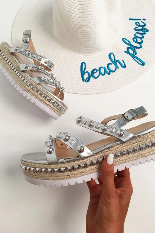 Silver Studded Espadrille Sandals - Delara sold by Rebellious Fashion