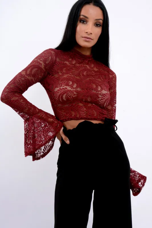 Wine Lace High Neck Crop Top with Key Hole Back - Ellah sold by Rebellious Fashion