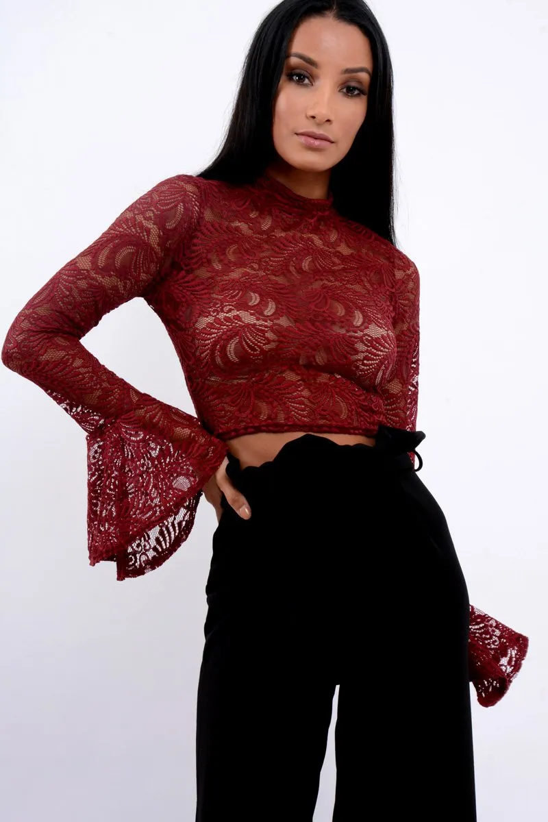 Wine Lace High Neck Crop Top with Key Hole Back - Ellah sold by Rebellious Fashion
