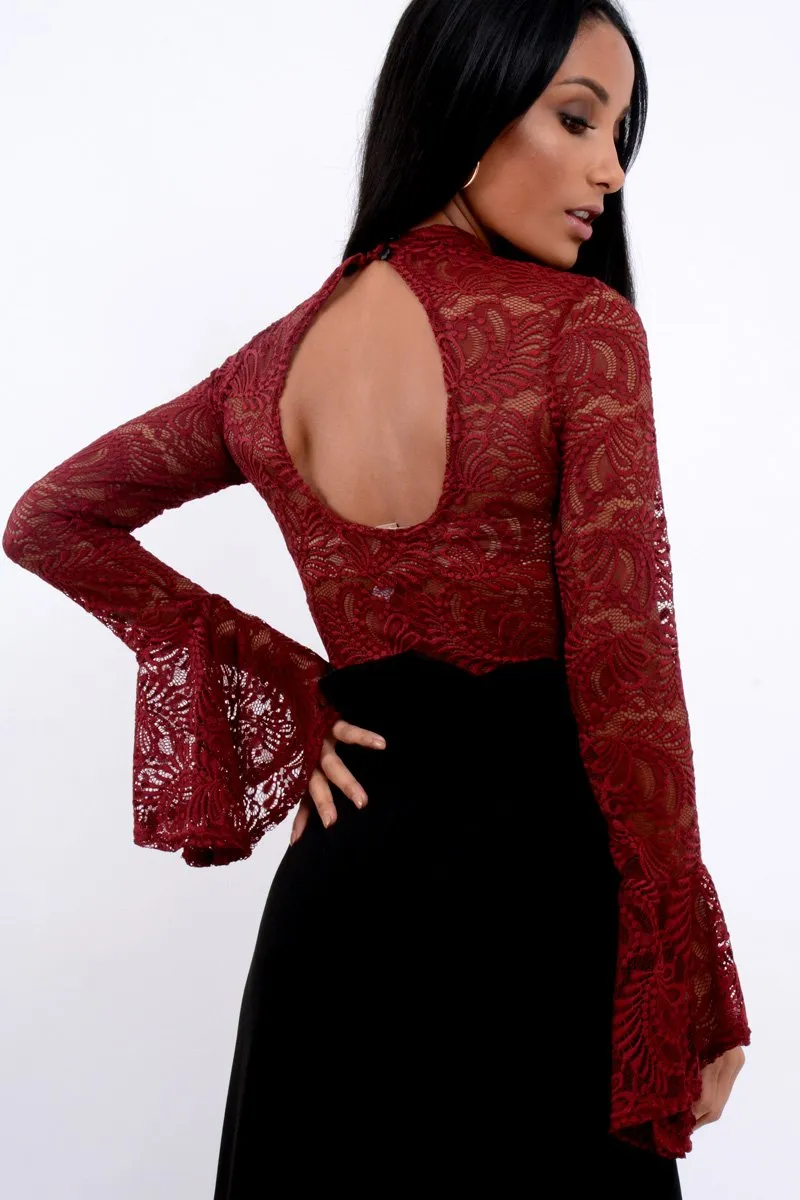 Wine Lace High Neck Crop Top with Key Hole Back - Ellah sold by Rebellious Fashion product image thumbnail 4