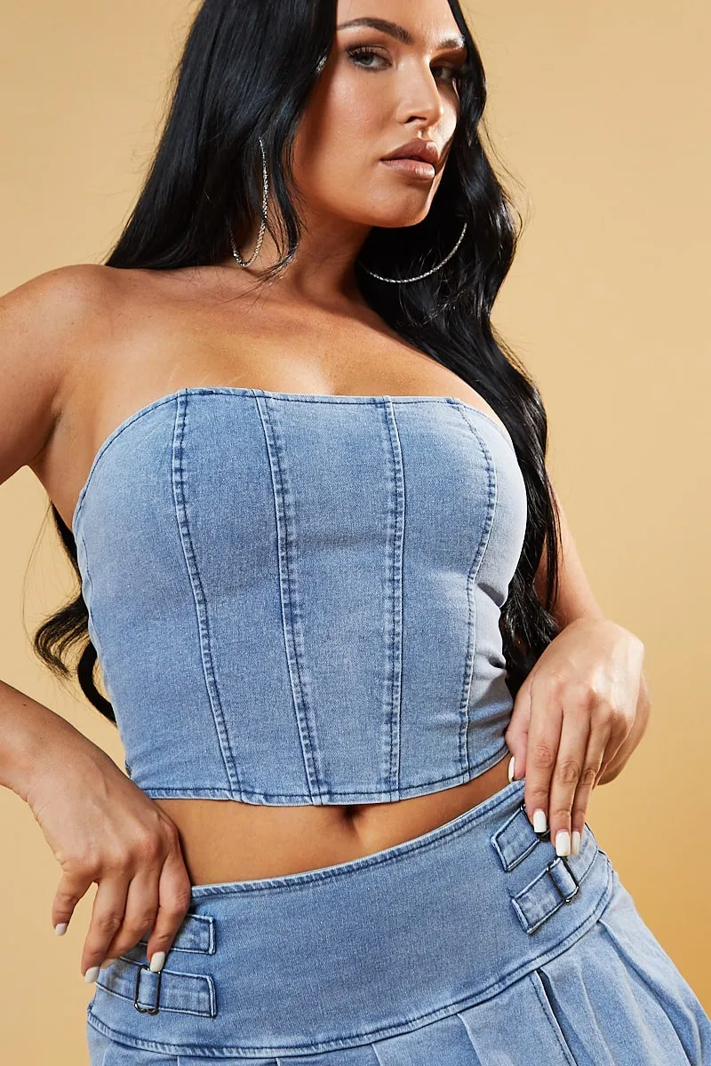 Light Blue Denim Corset Top & Pleated Mini Skirt Co-ord Set - Roza sold by Rebellious Fashion product image thumbnail 4