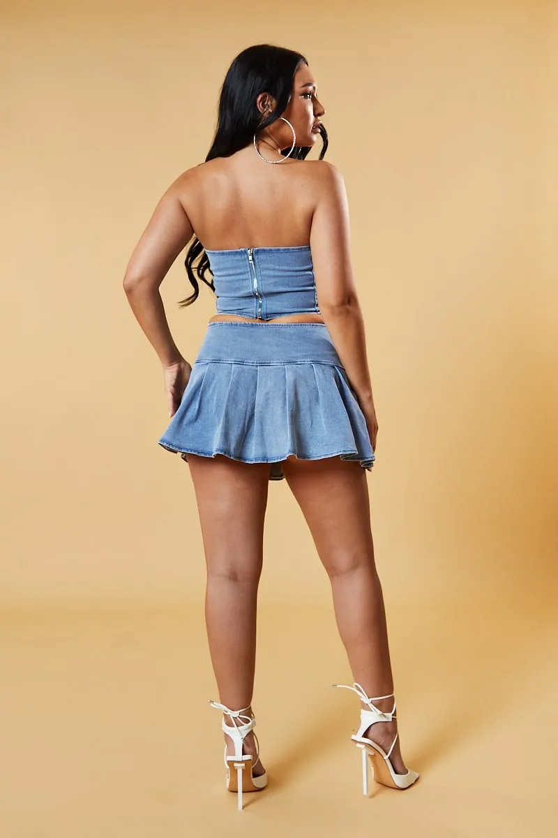 Light Blue Denim Corset Top & Pleated Mini Skirt Co-ord Set - Roza sold by Rebellious Fashion product image thumbnail 3