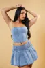 Light Blue Denim Corset Top & Pleated Mini Skirt Co-ord Set - Roza sold by Rebellious Fashion